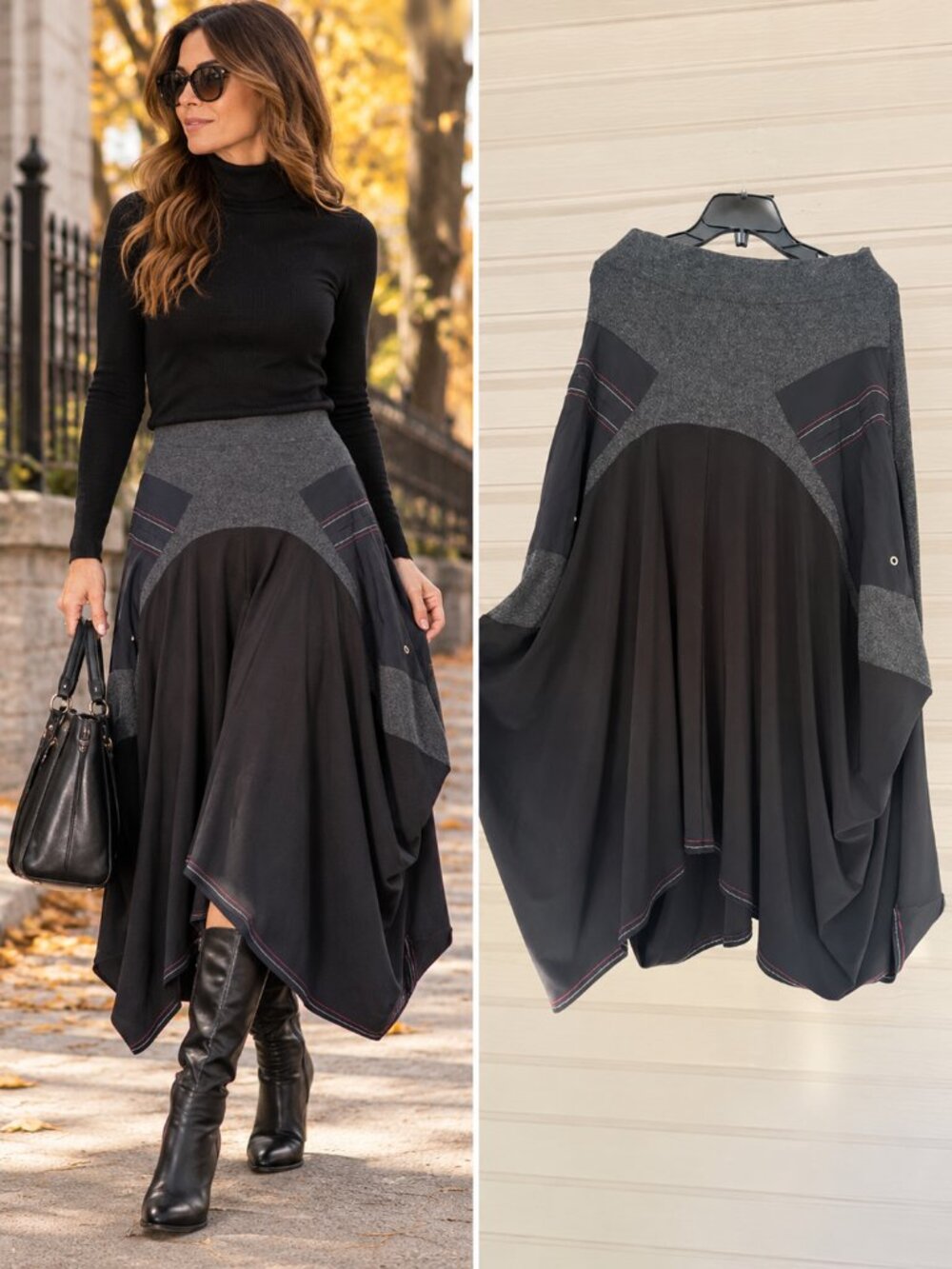 Joseph Ribkoff Black Gray Asymmetrical Draped Panel Midi Skirt Stretch 12